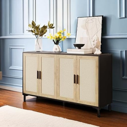 48" Rattan Sideboard Buffet Cabinet with Doors & Adjustable Shelves, Black Storage Console Table for Kitchen Living Room Entryway