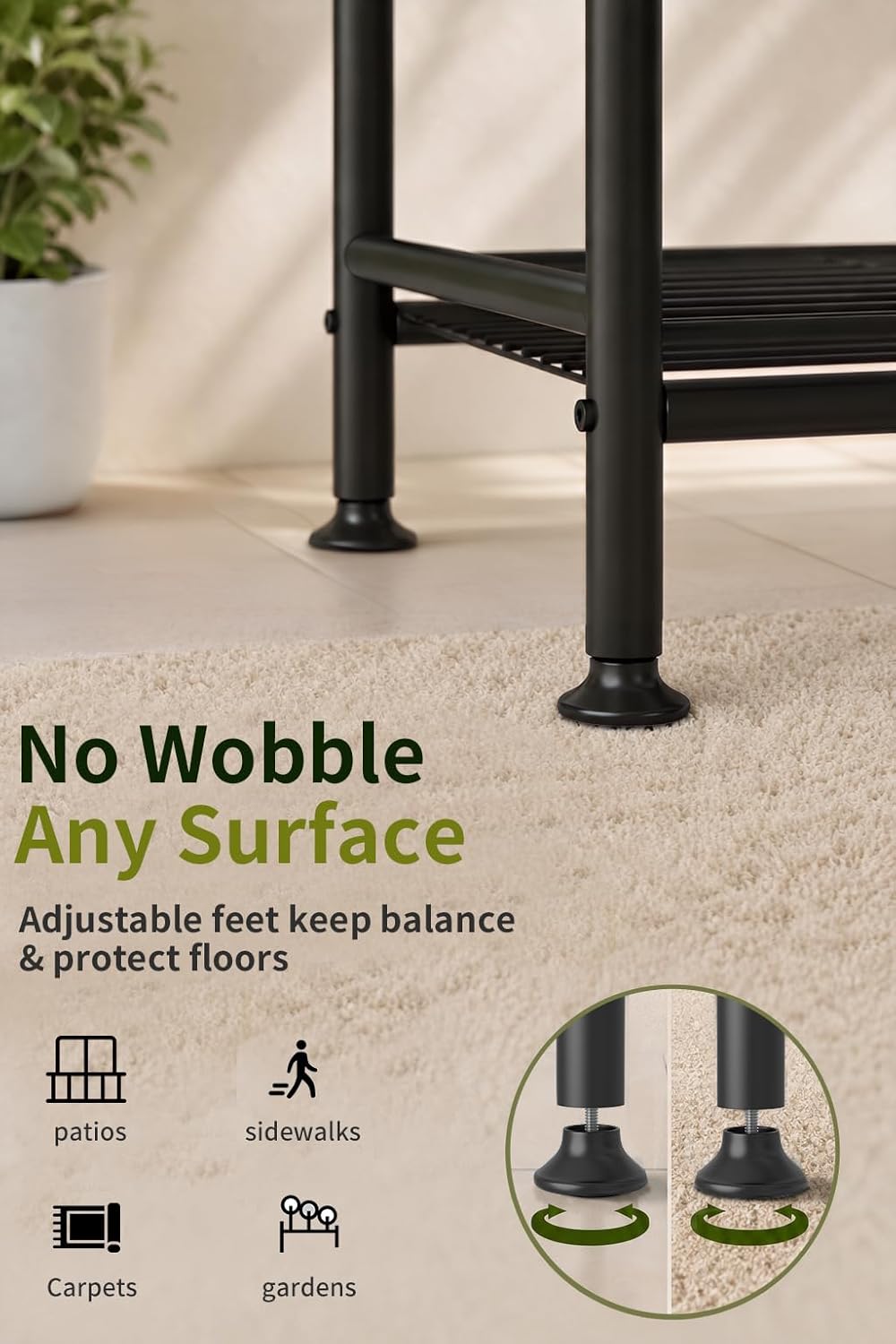 5-Tier Metal Plant Stand - Heavy Duty Indoor Outdoor Flower Shelf for Multiple Pots, 65" Tall Vertical Holder with Adjustable Leveling Feet & Wall-Fixing Kits, Black