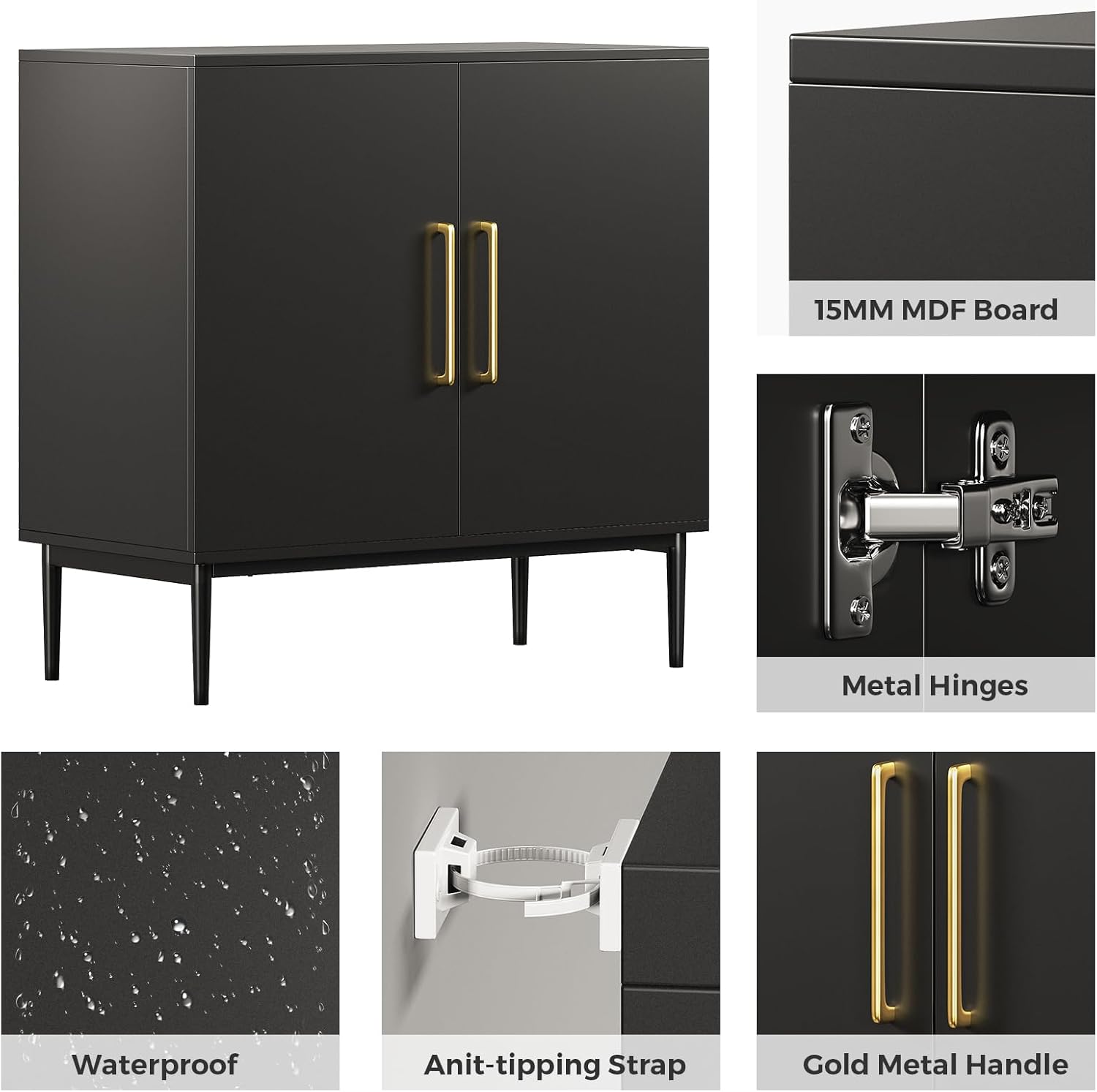 Storage Cabinet with Doors, Modern Black Accent Cabinet, Free Standing Cabinet, Wooden Buffet Sideboards for Living Room, Kitchen,Home Office
