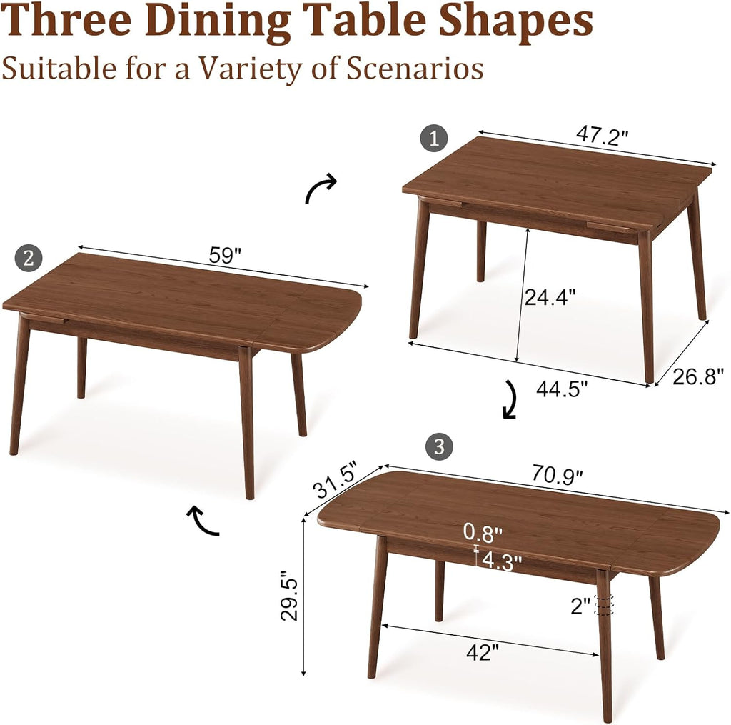 Solid Wood Extendable Dining Table for 4-8, 47.2” to 70.8” Expandable Table, Easy Assembly Extendable Dining Room Table, 3-in-1 Design, Ideal for Dining Room, Kitchen, Living Room (Walnut)