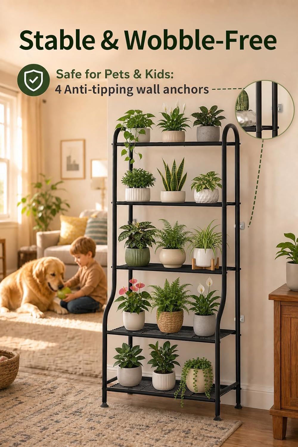 5-Tier Metal Plant Stand - Heavy Duty Indoor Outdoor Flower Shelf for Multiple Pots, 65" Tall Vertical Holder with Adjustable Leveling Feet & Wall-Fixing Kits, Black