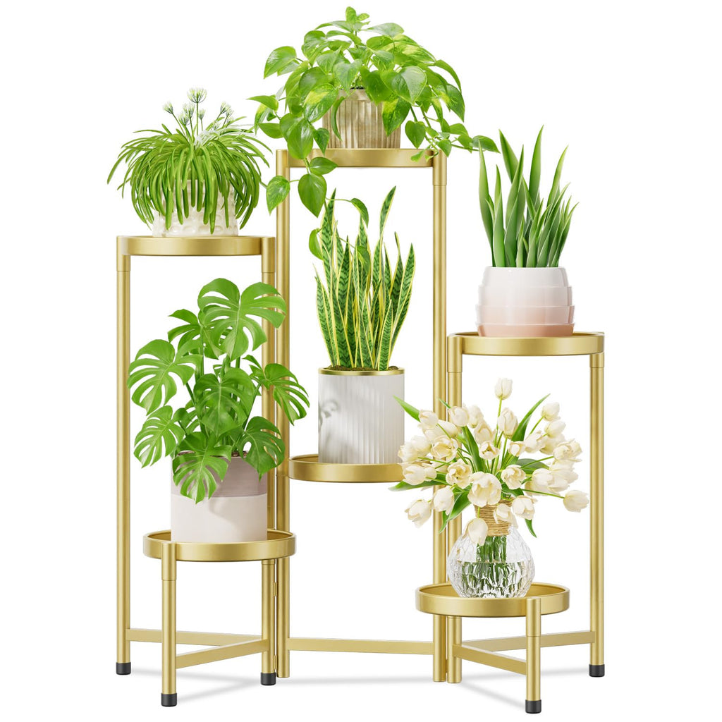 iDavosic.ly Plant Stand Indoor Outdoor, 5 Tier Corner Metal Flower Display Holder Shelf, Folding Tall Orchid Rack for Patio Balcony Porch Garden Living Room House, Black