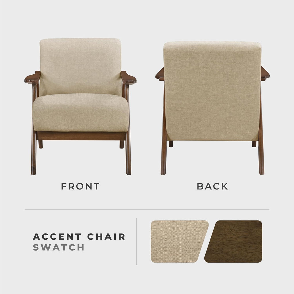 Lexicon Mid Century Modern Accent Chair with Solid Wood Frame in Walnut Finish, Upholstered Living Room Lounge Arm Chair, Thick and Comfy Innerspring Seat Cushion, Linen-Look Fabric, Light Brown