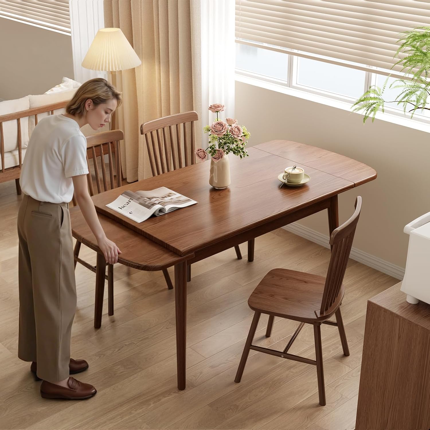 Solid Wood Extendable Dining Table for 4-8, 47.2” to 70.8” Expandable Table, Easy Assembly Extendable Dining Room Table, 3-in-1 Design, Ideal for Dining Room, Kitchen, Living Room (Walnut)