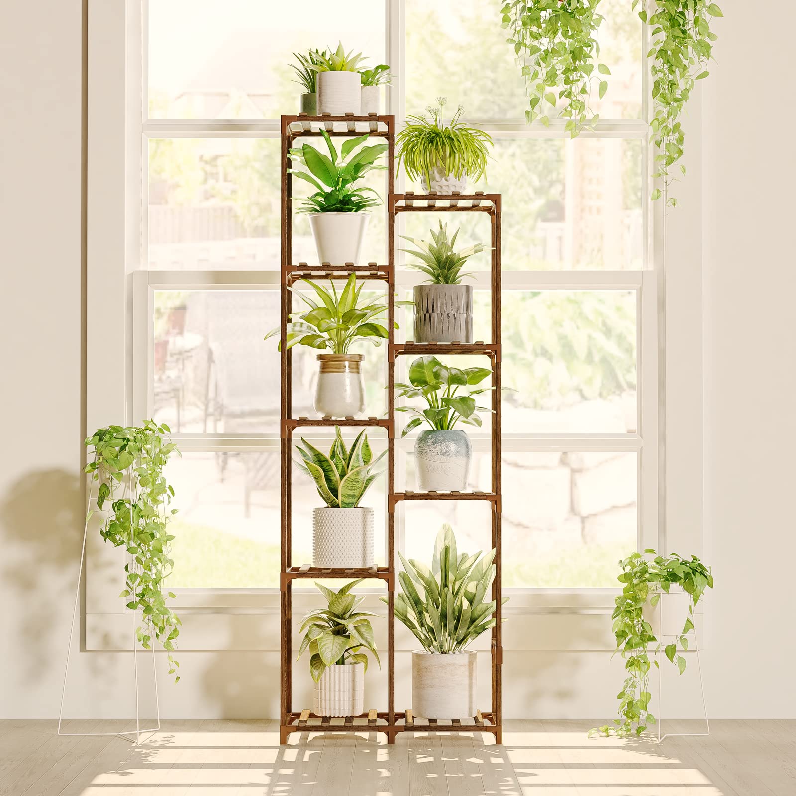 Bamworld Plant Stand Indoor Plant Shelf Outdoor Wood Plant Rack for Multiple Plants 3 Tiers Ladder Plant Holder for Living Room Patio Boho Home Decor for Gardening