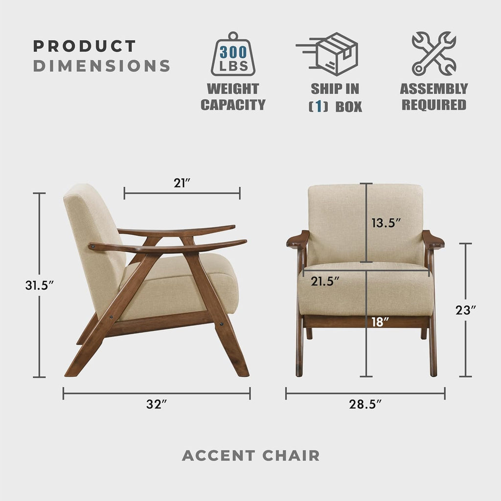 Lexicon Mid Century Modern Accent Chair with Solid Wood Frame in Walnut Finish, Upholstered Living Room Lounge Arm Chair, Thick and Comfy Innerspring Seat Cushion, Linen-Look Fabric, Light Brown