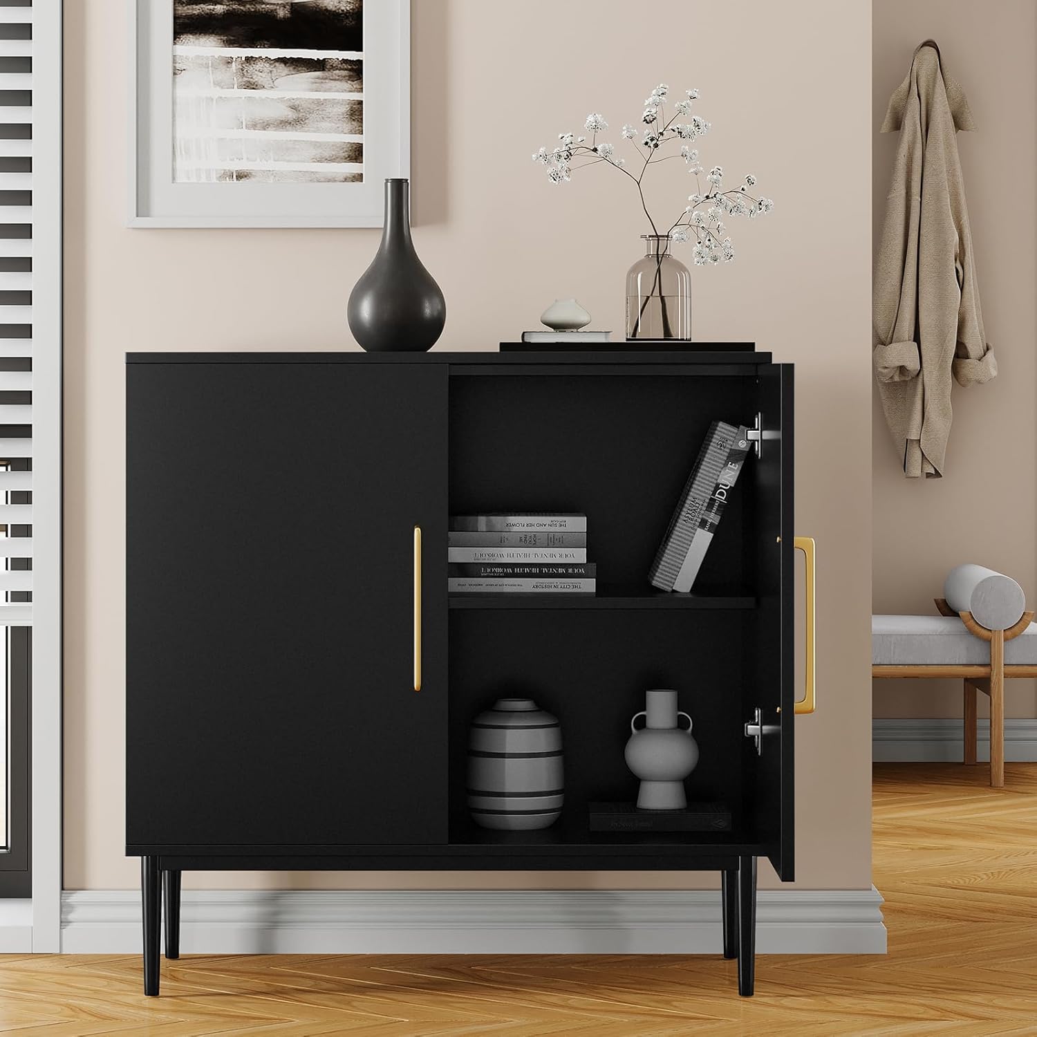 Storage Cabinet with Doors, Modern Black Accent Cabinet, Free Standing Cabinet, Wooden Buffet Sideboards for Living Room, Kitchen,Home Office