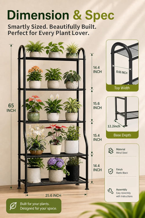 5-Tier Metal Plant Stand - Heavy Duty Indoor Outdoor Flower Shelf for Multiple Pots, 65" Tall Vertical Holder with Adjustable Leveling Feet & Wall-Fixing Kits, Black