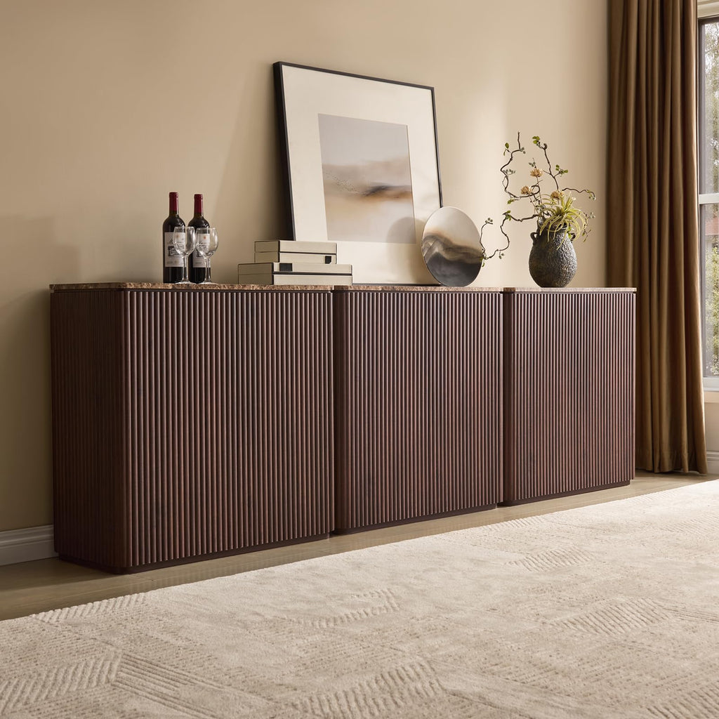 Fluted 2 Doors Sideboard Cabinet with Storage, 34" Wooden Credenza with Shelves, Faux Marble-Top Coffee Bar Console Table, Modern Buffet Cabinet for Dining, Kitchen, Living Room, Entryway, Dark Oak