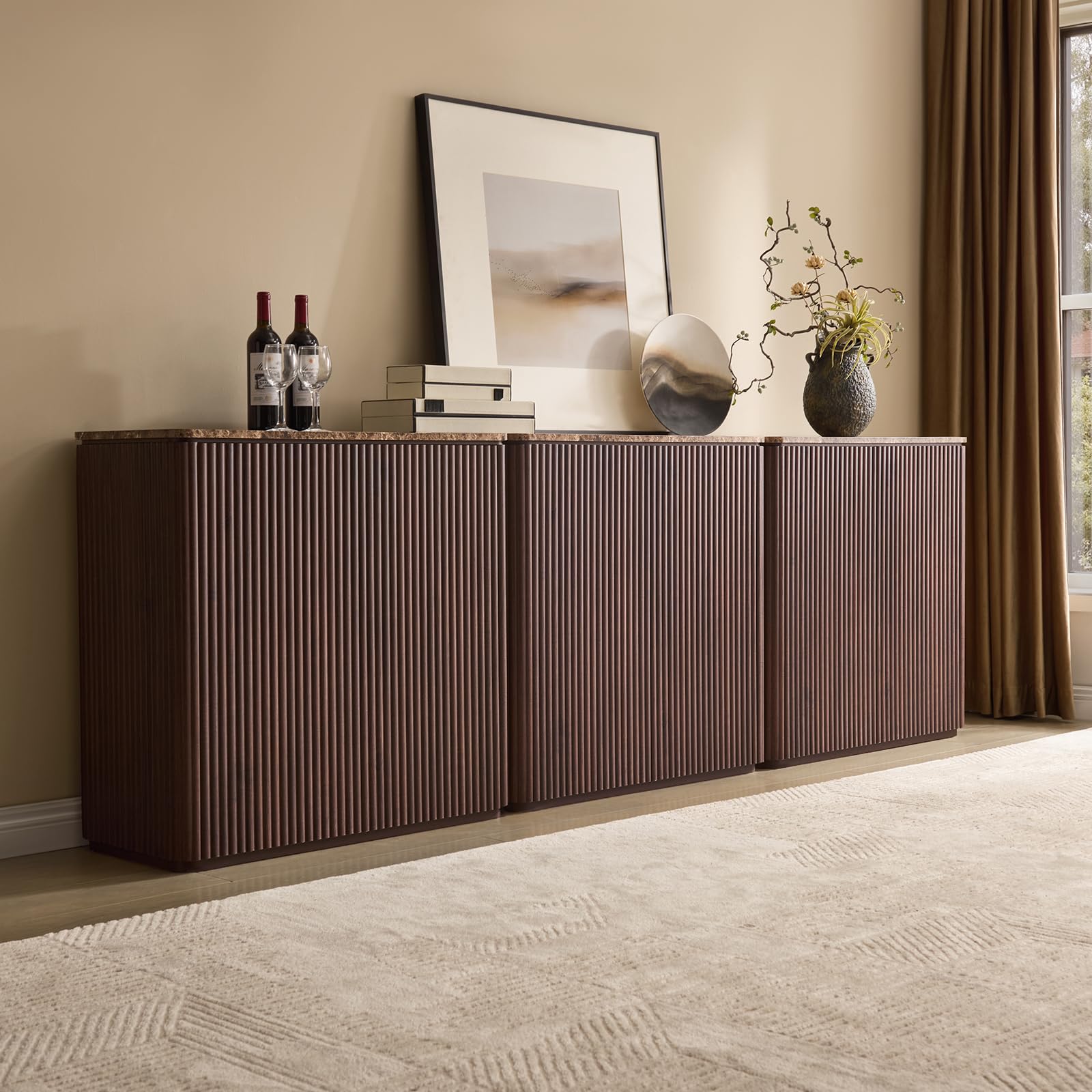 Fluted 2 Doors Sideboard Cabinet with Storage, 34" Wooden Credenza with Shelves, Faux Marble-Top Coffee Bar Console Table, Modern Buffet Cabinet for Dining, Kitchen, Living Room, Entryway, Dark Oak