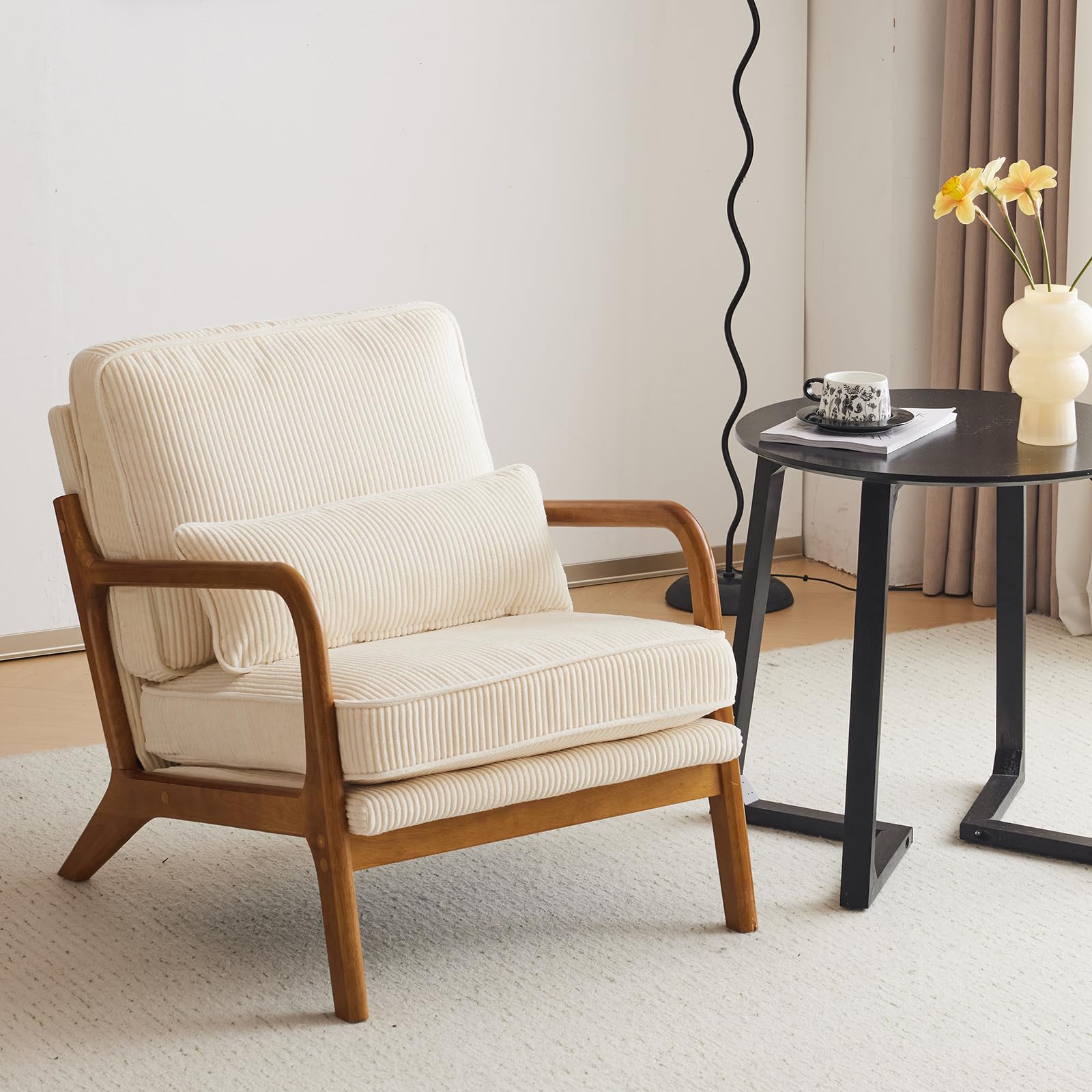 Karl home Accent Chair Mid-Century Modern Chair with Pillow Linen Fabric Upholstered Lounge Arm Chair with Solid Wood Frame & Soft Cushion for Living Room, Bedroom, Balcony, Beige