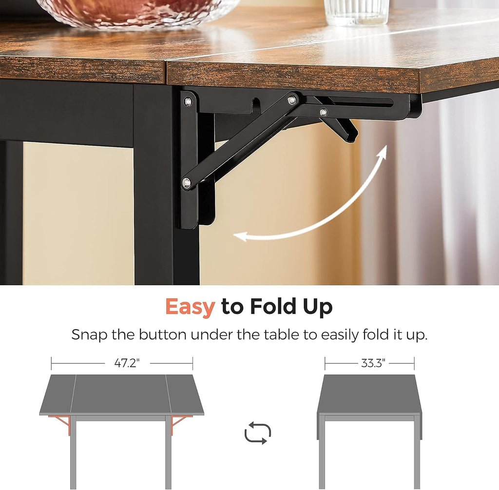 VASAGLE Folding Dining Table, Kitchen Table, Drop Leaf Extendable Table for Small Spaces, Seats 2-4 People, Industrial, Rustic Brown and Black UKDT077B01
