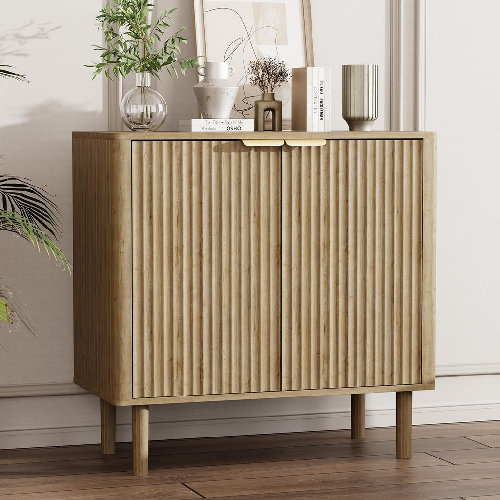IKALIFE Sideboard Buffet Cabinet with Storage, Modern Fluted Accent Credenza with Doors & Adjustable Shelves, Wood Coffee Bar Console Table for Living Room, Dining Room, Kitchen or Entryway 31.5" Oak