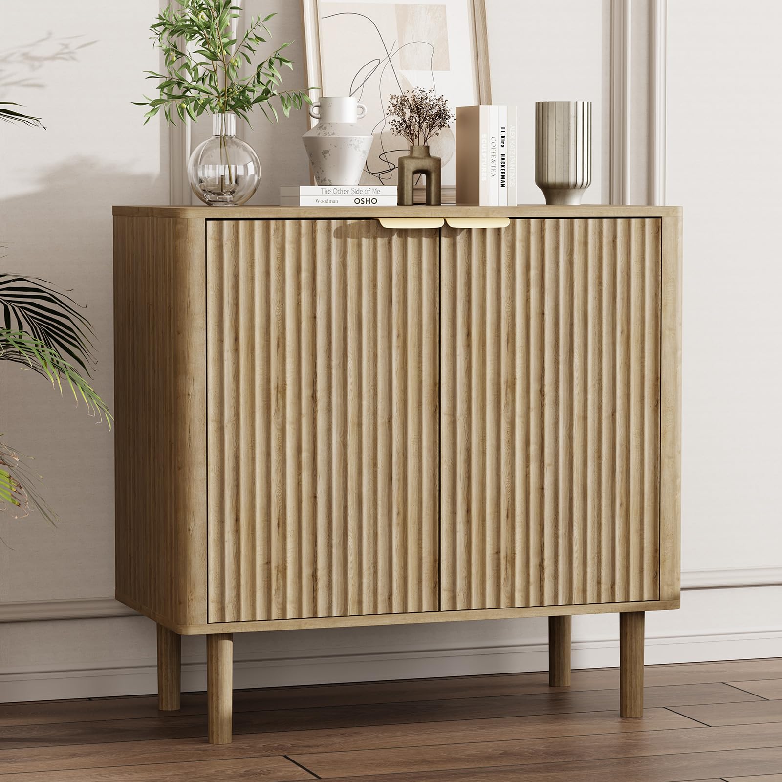 IKALIFE Sideboard Buffet Cabinet with Storage, Modern Fluted Accent Credenza with Doors & Adjustable Shelves, Wood Coffee Bar Console Table for Living Room, Dining Room, Kitchen or Entryway 31.5" Oak