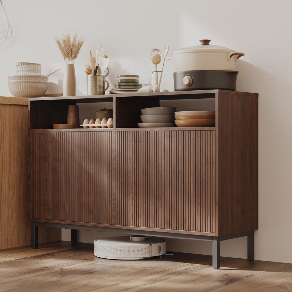 Mericonia Farmhouse Buffet Sideboard Cabinet with Storage, Fluted Coffee Bar with Doors and Adjustable Shelves, Modern Wood Console Cabinet for Kitchen, Livingroom (Fluted 4 Door, Natural)