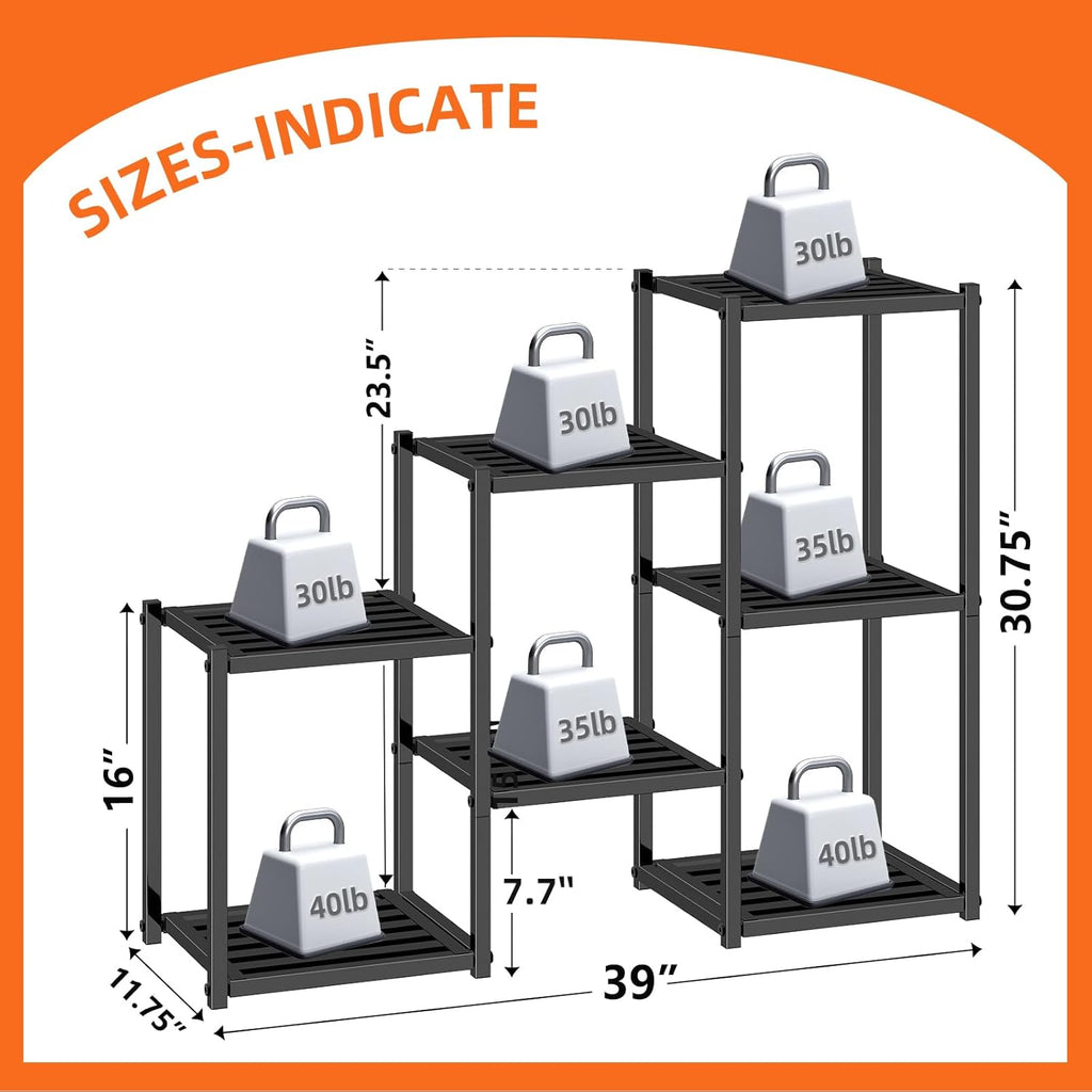 Simple Trending Plant Stand Indoor Outdoor, Heavy Duty Metal Waterproof 7 Tiered Plant Shelf for Multiple Flower Planter Holder Tall Large Rack, Black