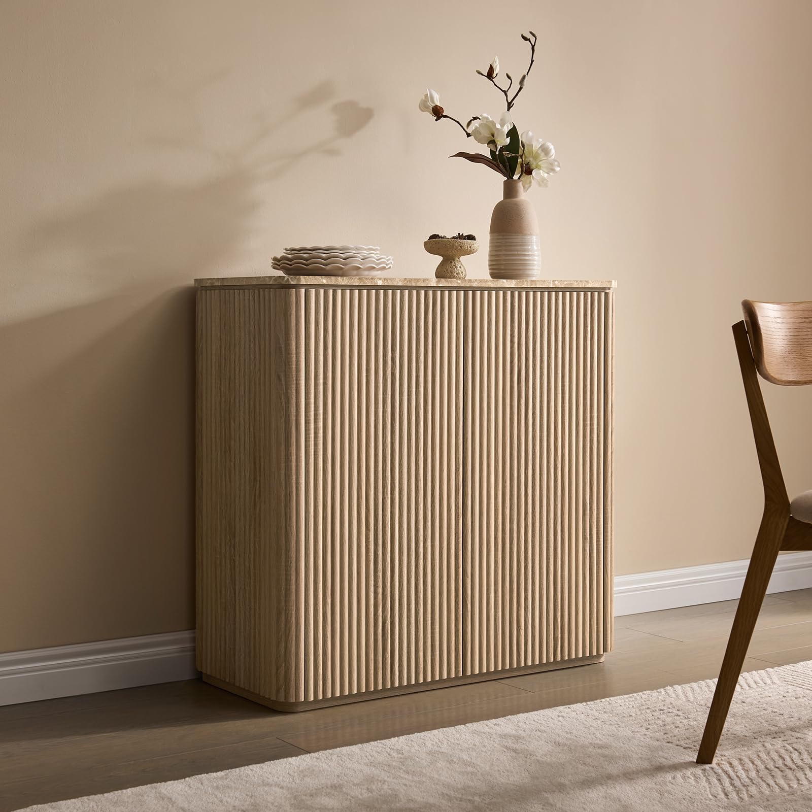 Fluted 2 Doors Sideboard Cabinet with Storage, 34" Wooden Credenza with Shelves, Faux Marble-Top Coffee Bar Console Table, Modern Buffet Cabinet for Dining, Kitchen, Living Room, Entryway, Dark Oak