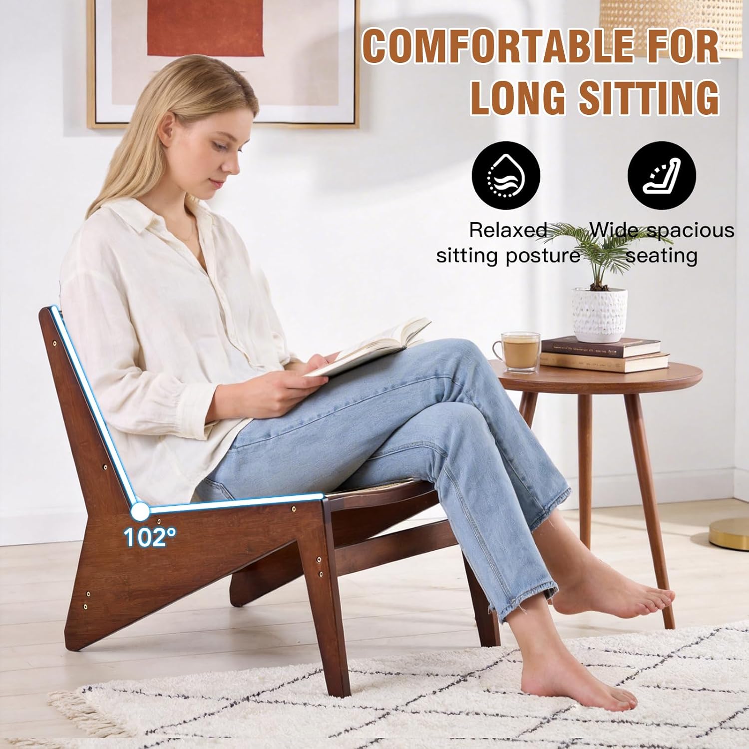 MBOOYOME Mid Century Modern Accent Chair for Living Room, Low Lounge Chair with Solid Wood Frame, Comfy Armchair for Bedroom and Balcony, Walnut