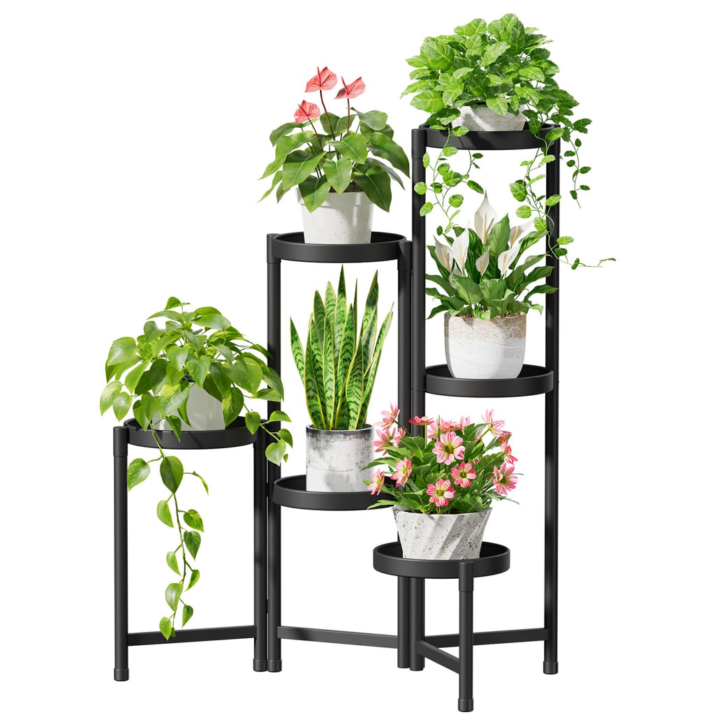 iDavosic.ly Plant Stand Indoor Outdoor, 5 Tier Corner Metal Flower Display Holder Shelf, Folding Tall Orchid Rack for Patio Balcony Porch Garden Living Room House, Black