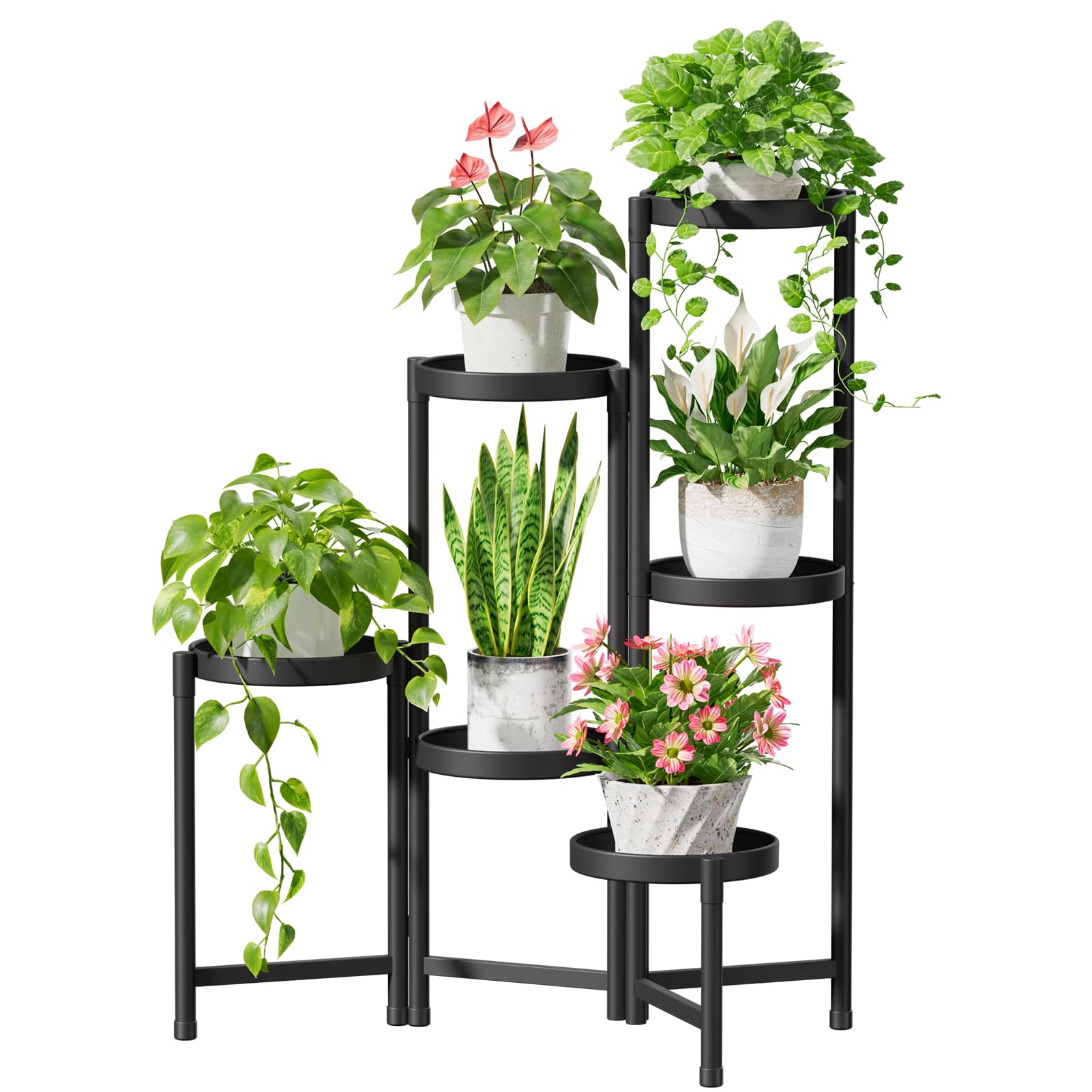 iDavosic.ly Plant Stand Indoor Outdoor, 5 Tier Corner Metal Flower Display Holder Shelf, Folding Tall Orchid Rack for Patio Balcony Porch Garden Living Room House, Black