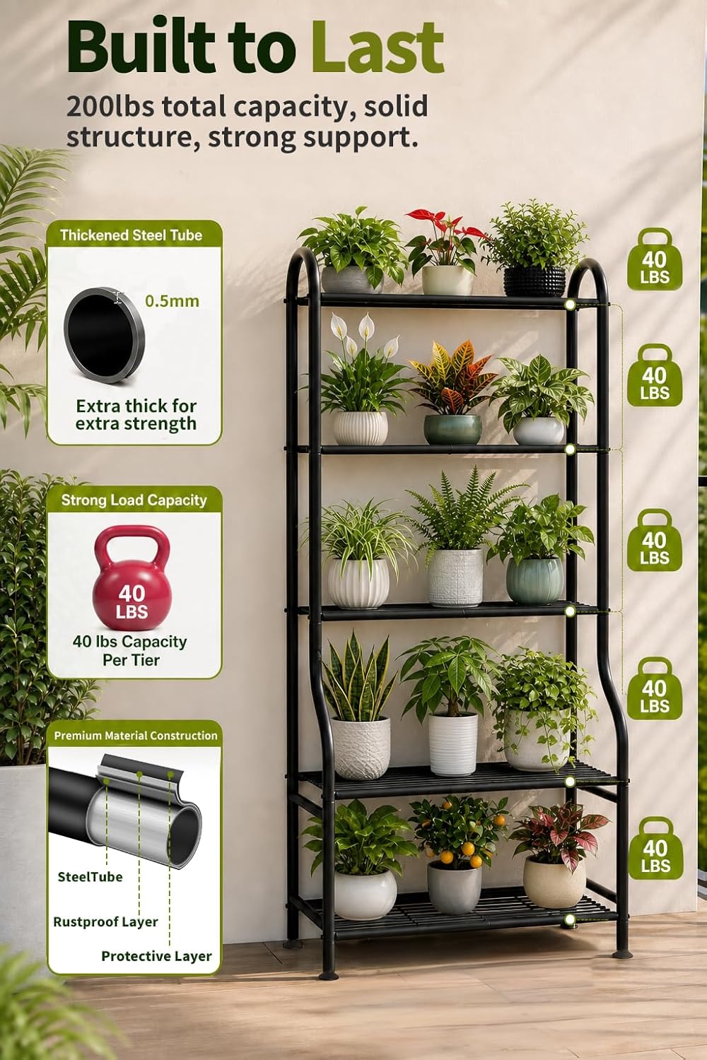 5-Tier Metal Plant Stand - Heavy Duty Indoor Outdoor Flower Shelf for Multiple Pots, 65" Tall Vertical Holder with Adjustable Leveling Feet & Wall-Fixing Kits, Black