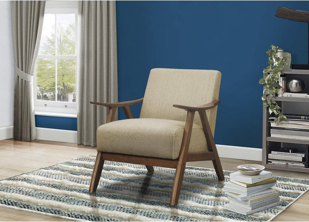 Lexicon Mid Century Modern Accent Chair with Solid Wood Frame in Walnut Finish, Upholstered Living Room Lounge Arm Chair, Thick and Comfy Innerspring Seat Cushion, Linen-Look Fabric, Light Brown