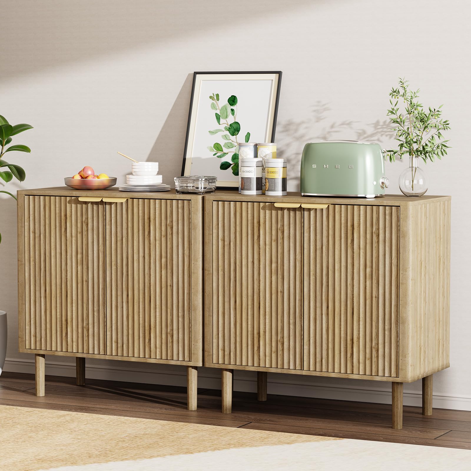IKALIFE Sideboard Buffet Cabinet with Storage, Modern Fluted Accent Credenza with Doors & Adjustable Shelves, Wood Coffee Bar Console Table for Living Room, Dining Room, Kitchen or Entryway 31.5" Oak