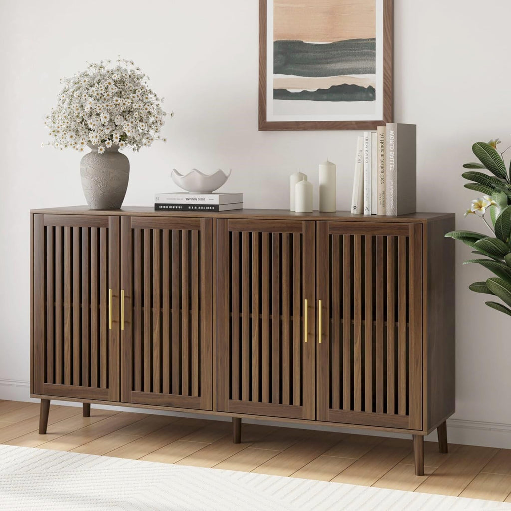Smart FENDEE Sideboard Cabinet, 31.5" W Farmhouse Buffet Cabinet with Slatted Doors & Adjustable Shelf, Wood Coffee Bar Storage Station for Kitchen, Dining Room, Living Room, Entryway, Walnut Color