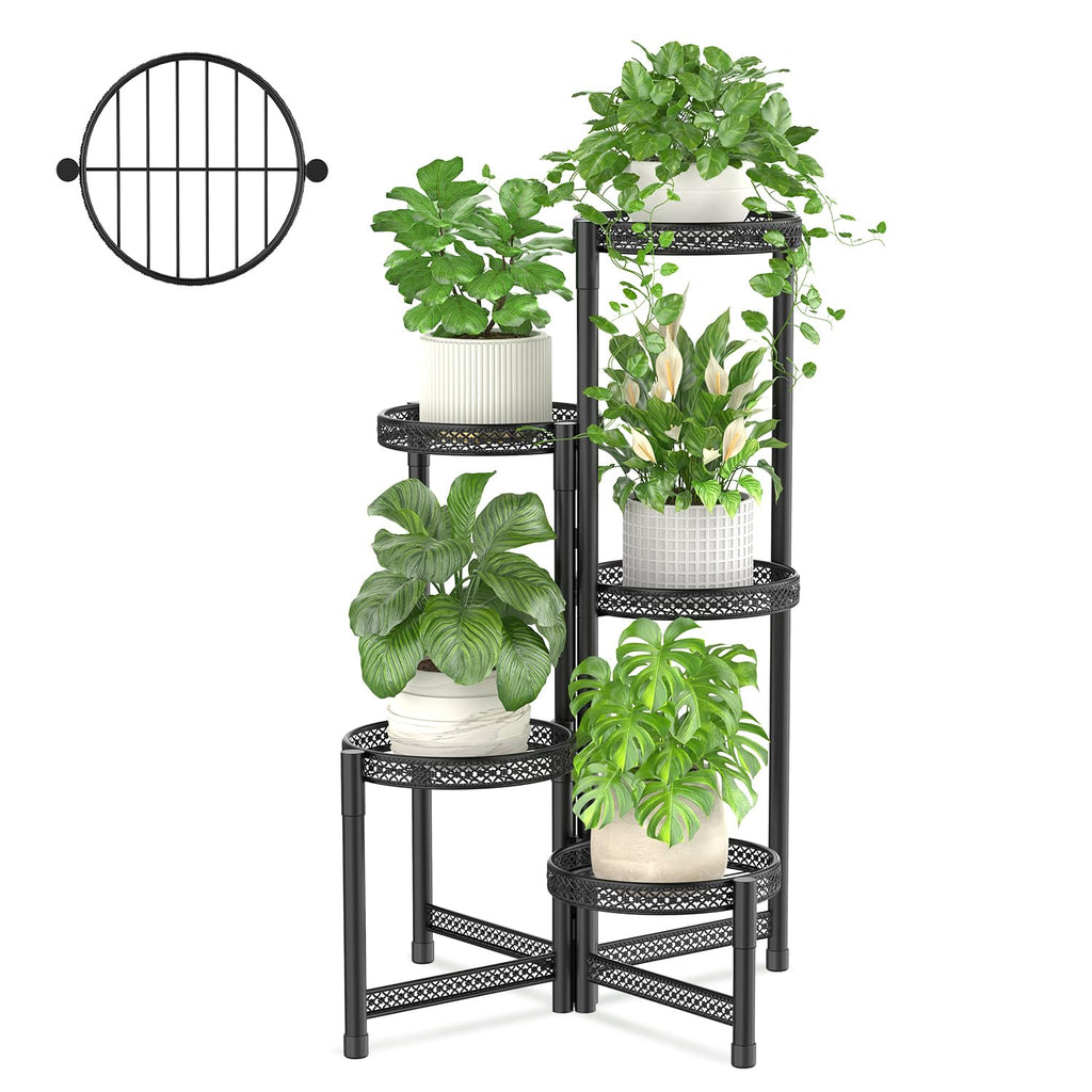 iDavosic.ly Plant Stand Indoor Outdoor, 5 Tier Corner Metal Flower Display Holder Shelf, Folding Tall Orchid Rack for Patio Balcony Porch Garden Living Room House, Black