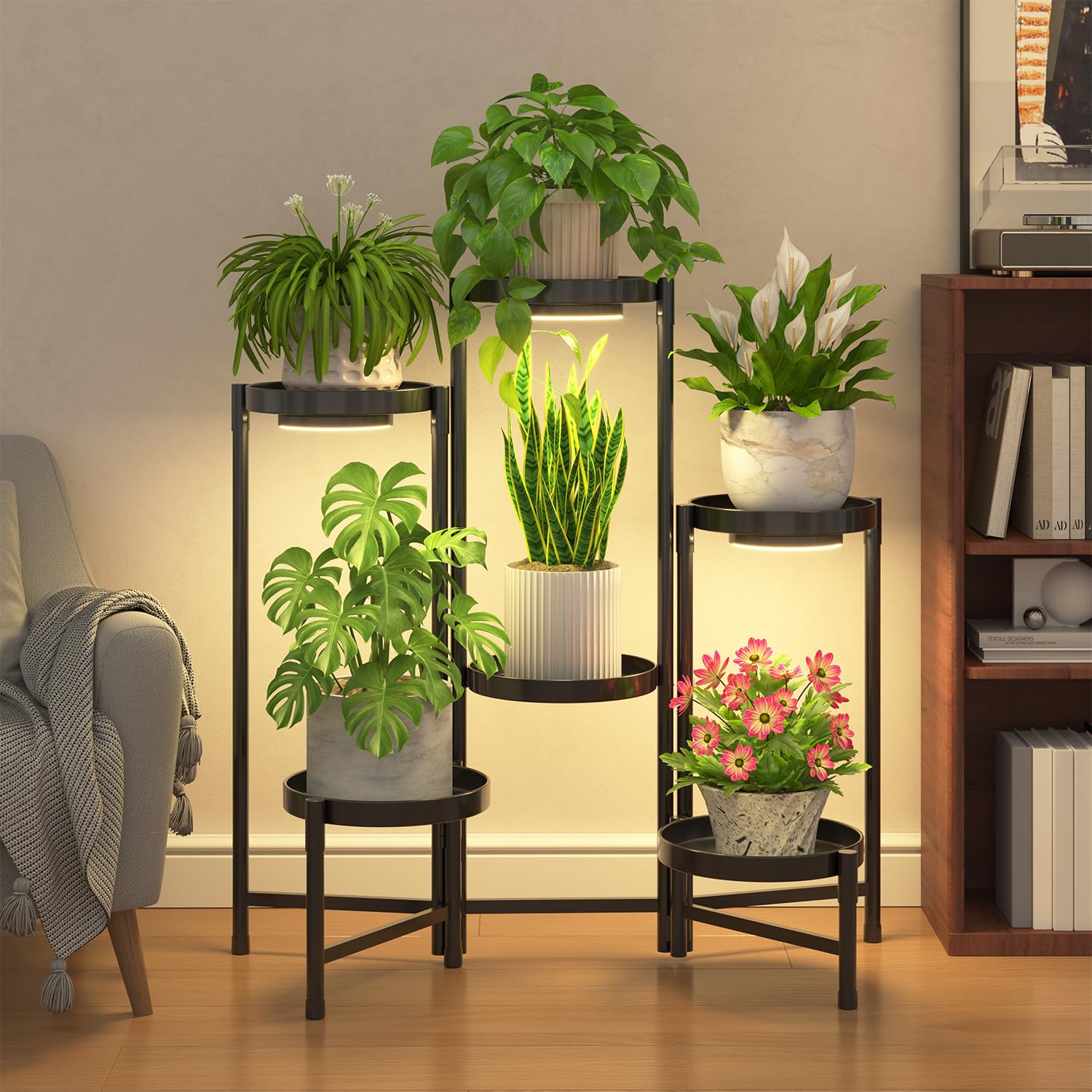 iDavosic.ly Plant Stand Indoor Outdoor, 5 Tier Corner Metal Flower Display Holder Shelf, Folding Tall Orchid Rack for Patio Balcony Porch Garden Living Room House, Black