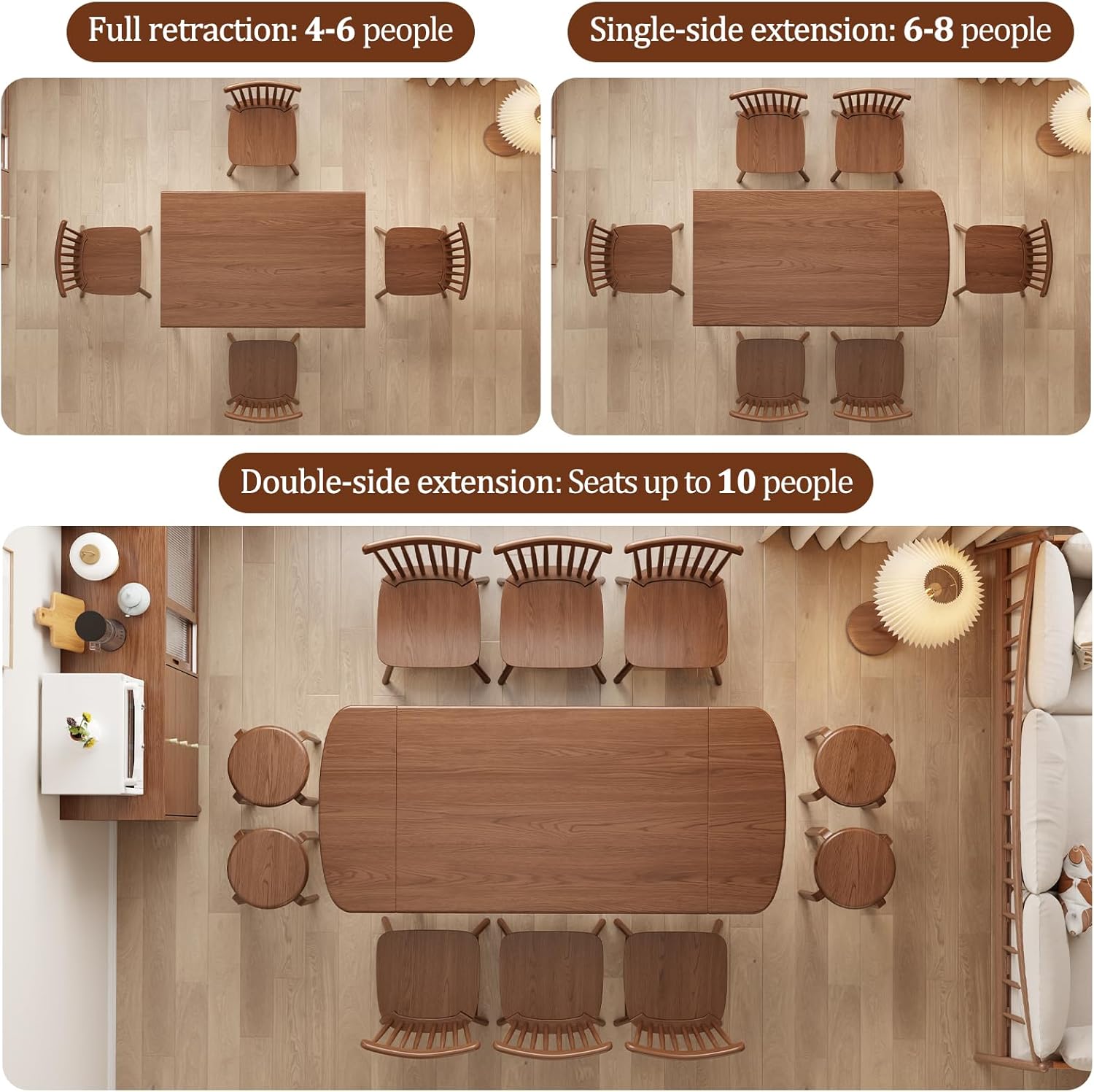 Solid Wood Extendable Dining Table for 4-8, 47.2” to 70.8” Expandable Table, Easy Assembly Extendable Dining Room Table, 3-in-1 Design, Ideal for Dining Room, Kitchen, Living Room (Walnut)
