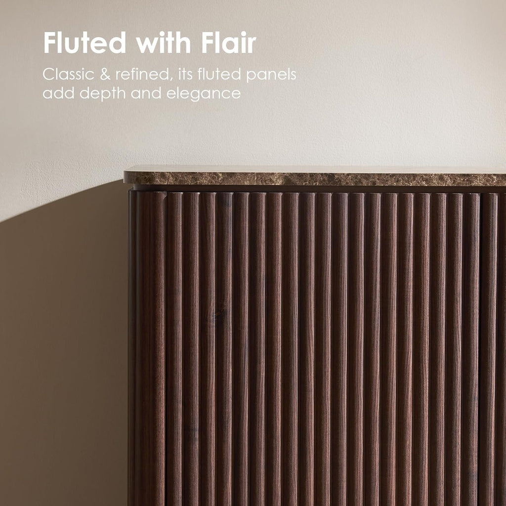 Fluted 2 Doors Sideboard Cabinet with Storage, 34" Wooden Credenza with Shelves, Faux Marble-Top Coffee Bar Console Table, Modern Buffet Cabinet for Dining, Kitchen, Living Room, Entryway, Dark Oak