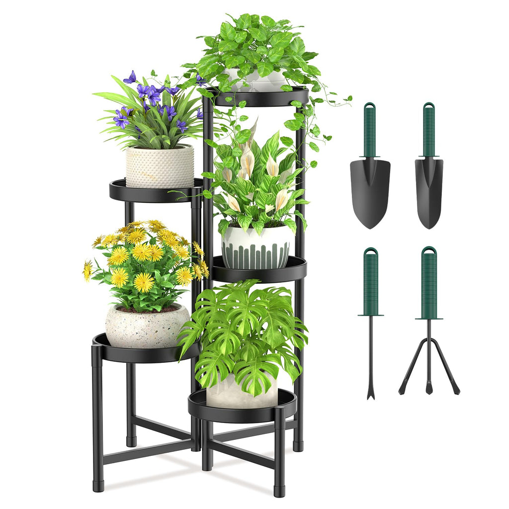 iDavosic.ly Plant Stand Indoor Outdoor, 5 Tier Corner Metal Flower Display Holder Shelf, Folding Tall Orchid Rack for Patio Balcony Porch Garden Living Room House, Black
