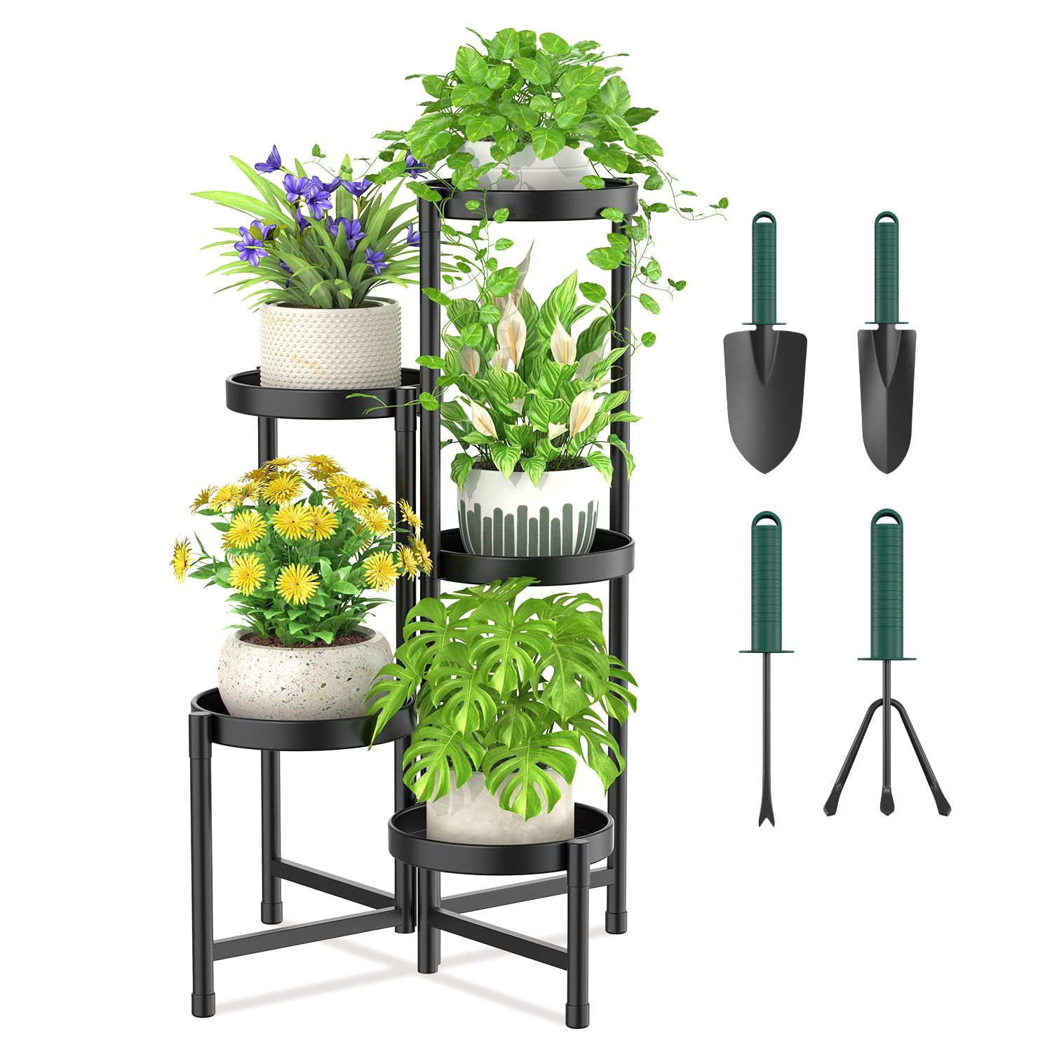 iDavosic.ly Plant Stand Indoor Outdoor, 5 Tier Corner Metal Flower Display Holder Shelf, Folding Tall Orchid Rack for Patio Balcony Porch Garden Living Room House, Black