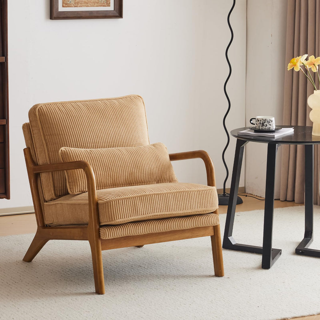 Karl home Accent Chair Mid-Century Modern Chair with Pillow Linen Fabric Upholstered Lounge Arm Chair with Solid Wood Frame & Soft Cushion for Living Room, Bedroom, Balcony, Beige