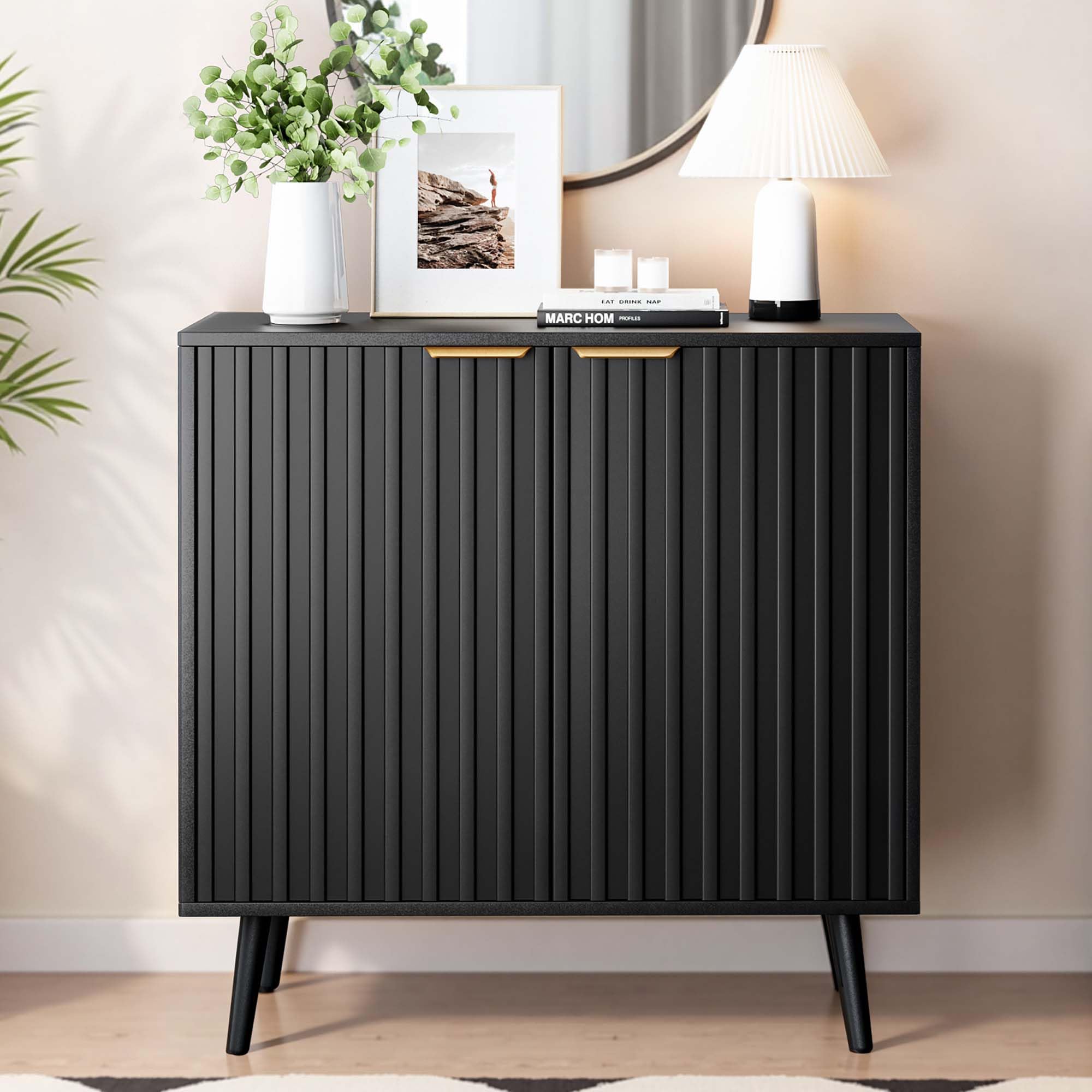 Storage Cabinet with Doors, Modern Black Accent Cabinet, Free Standing Cabinet, Wooden Buffet Sideboards for Living Room, Kitchen,Home Office