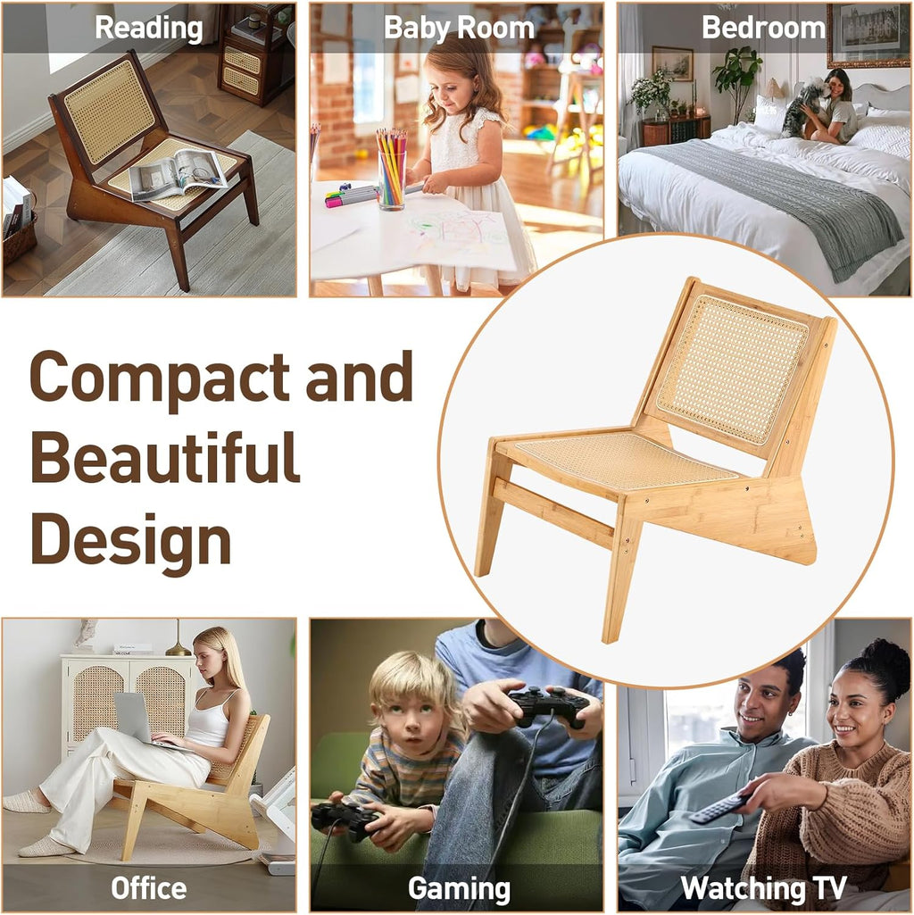 Welnow Mid Century Rattan Accent Chair, Bamboo Wood Lounge Chair with Woven Cane Backrest, Low Armchair for Living Room, Bedroom, Balcony or Reading Corner, Natural