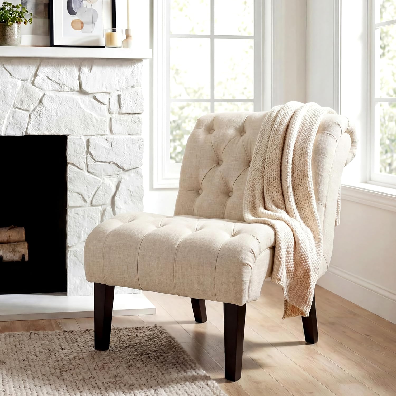 Mid Century Modern Accent Chair, Button Tufted Armless Lounge Chair, Upholstered Linen Side Chair with Solid Wood Legs for Bedroom, Living Room, Office