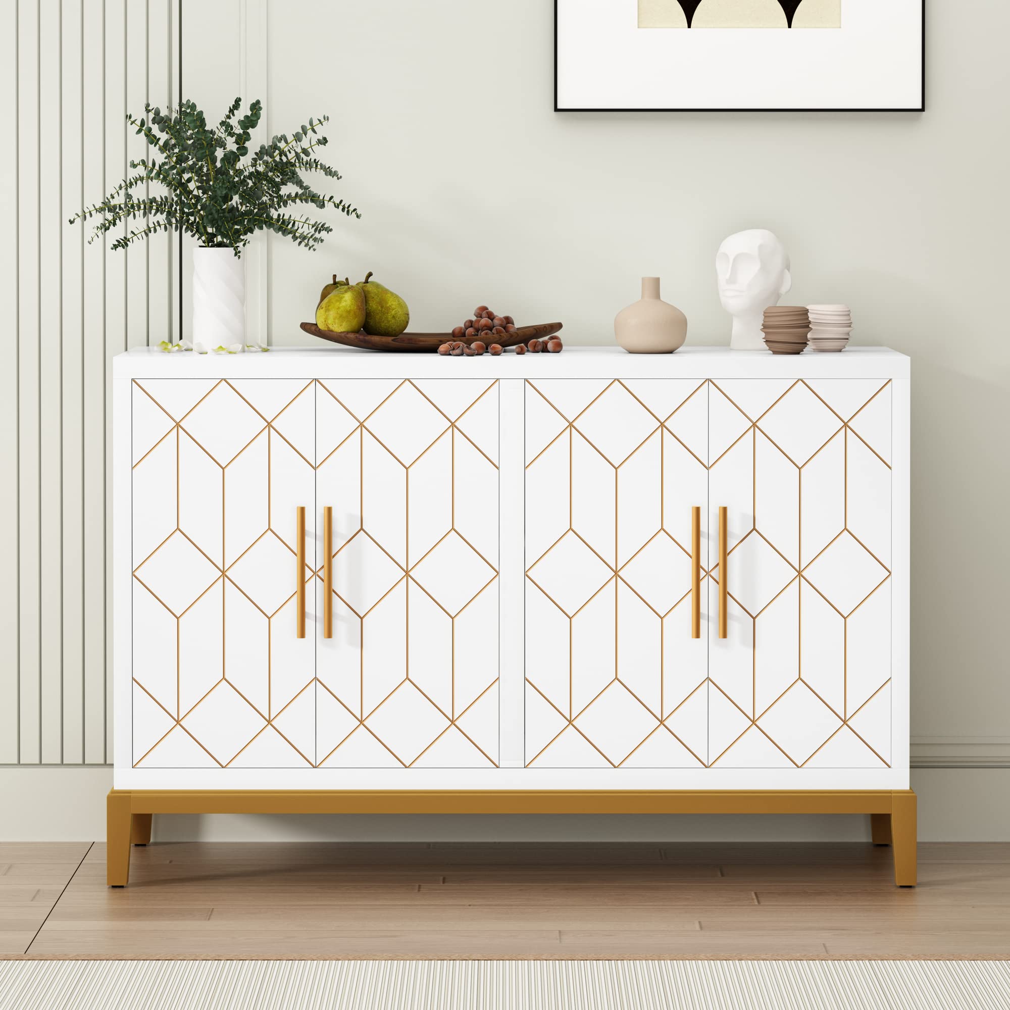HLR 48" Accent Cabinet with 4 Doors and Shelves, Modern Credenza Storage Cabinet with Gold Trim, Sideboard Buffet for Living Room, Kitchen, Dining Room, Hallway, Blue