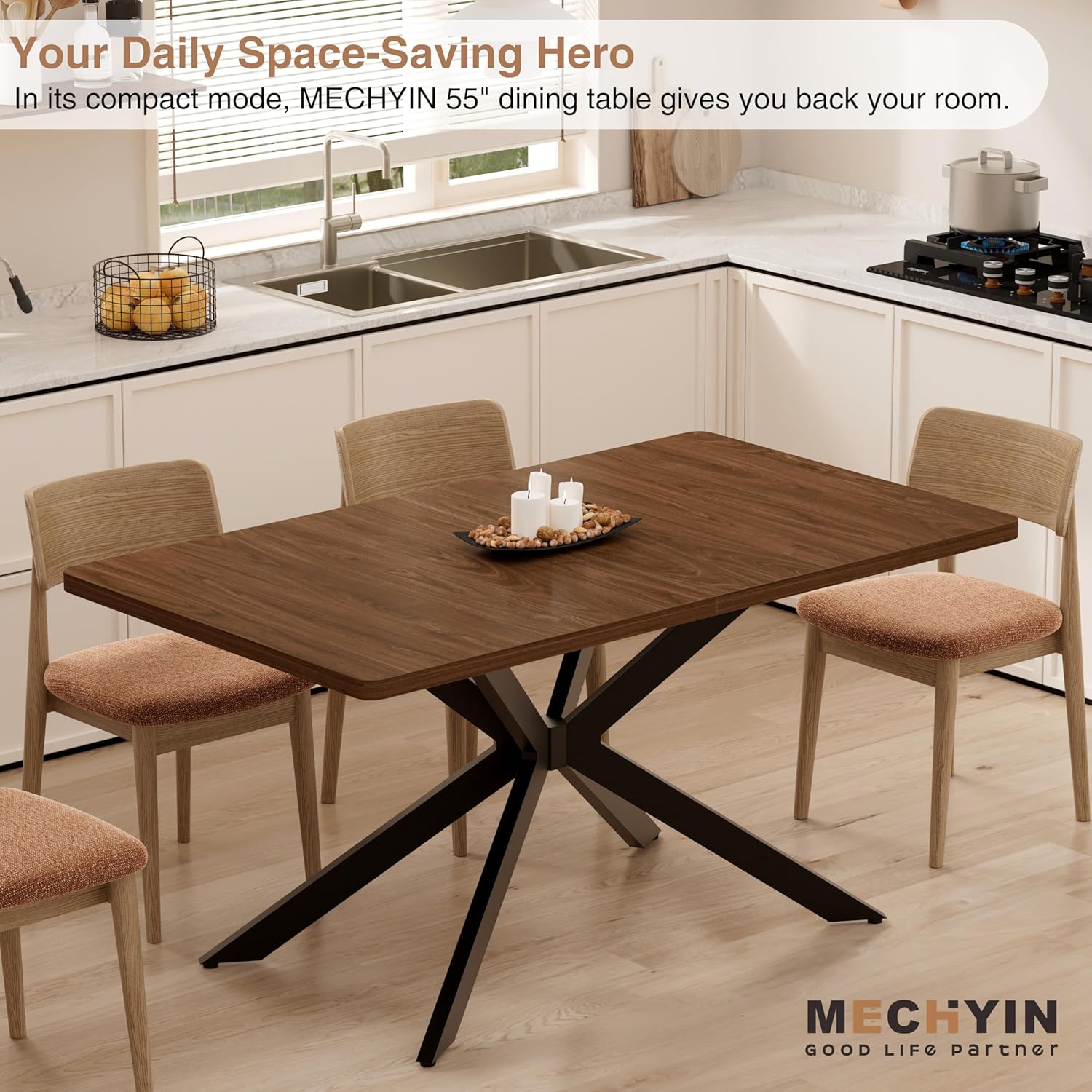 Extendable Dining Room Table for 4 6 8, 55"-70.9" Long Rectangle Kitchen Table,Wood Expandable Dining Table with Butterfly Leaf Self-Storing, Space Saving, For Kitchen Dining Living Room,Modern,Walnut