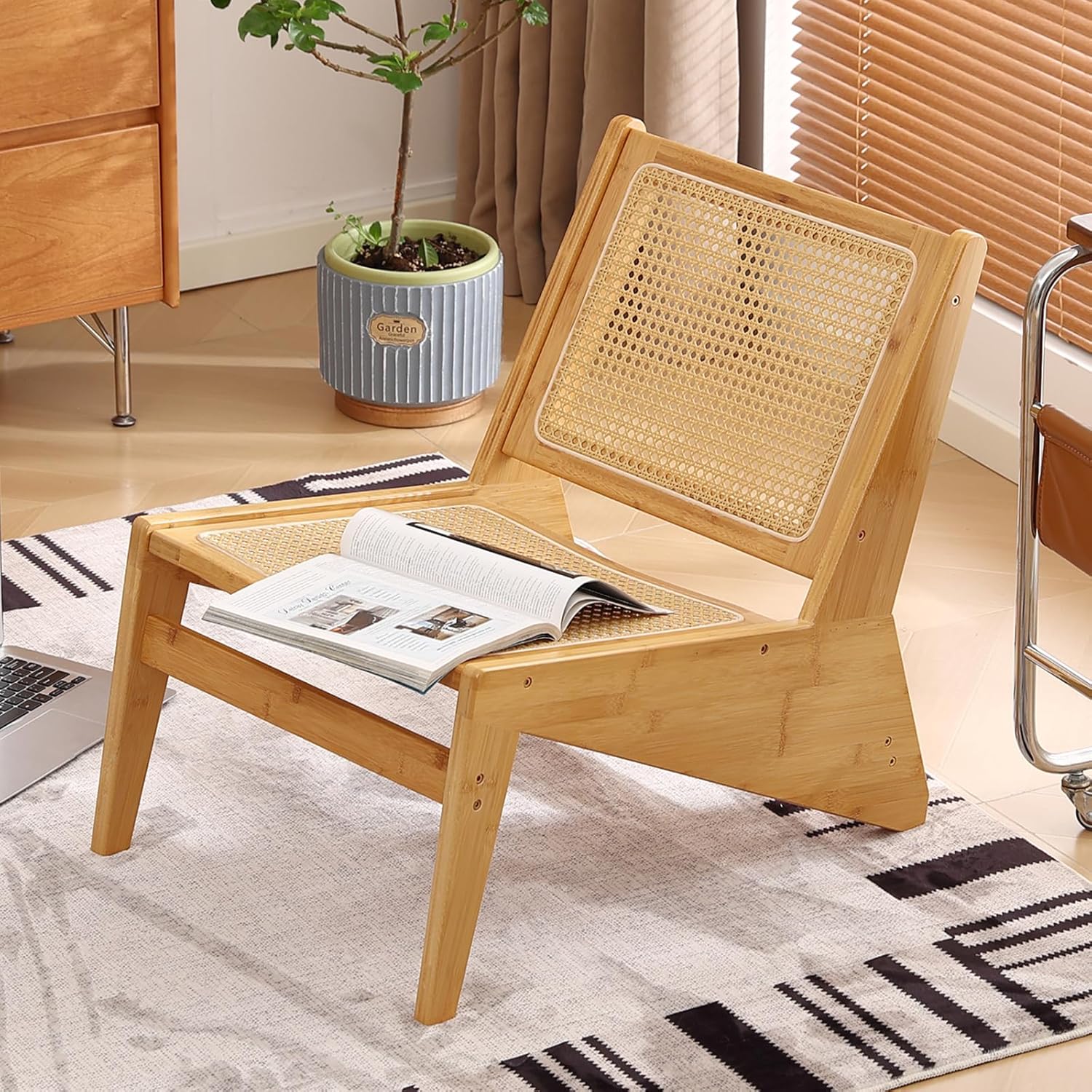 Welnow Mid Century Rattan Accent Chair, Bamboo Wood Lounge Chair with Woven Cane Backrest, Low Armchair for Living Room, Bedroom, Balcony or Reading Corner, Natural