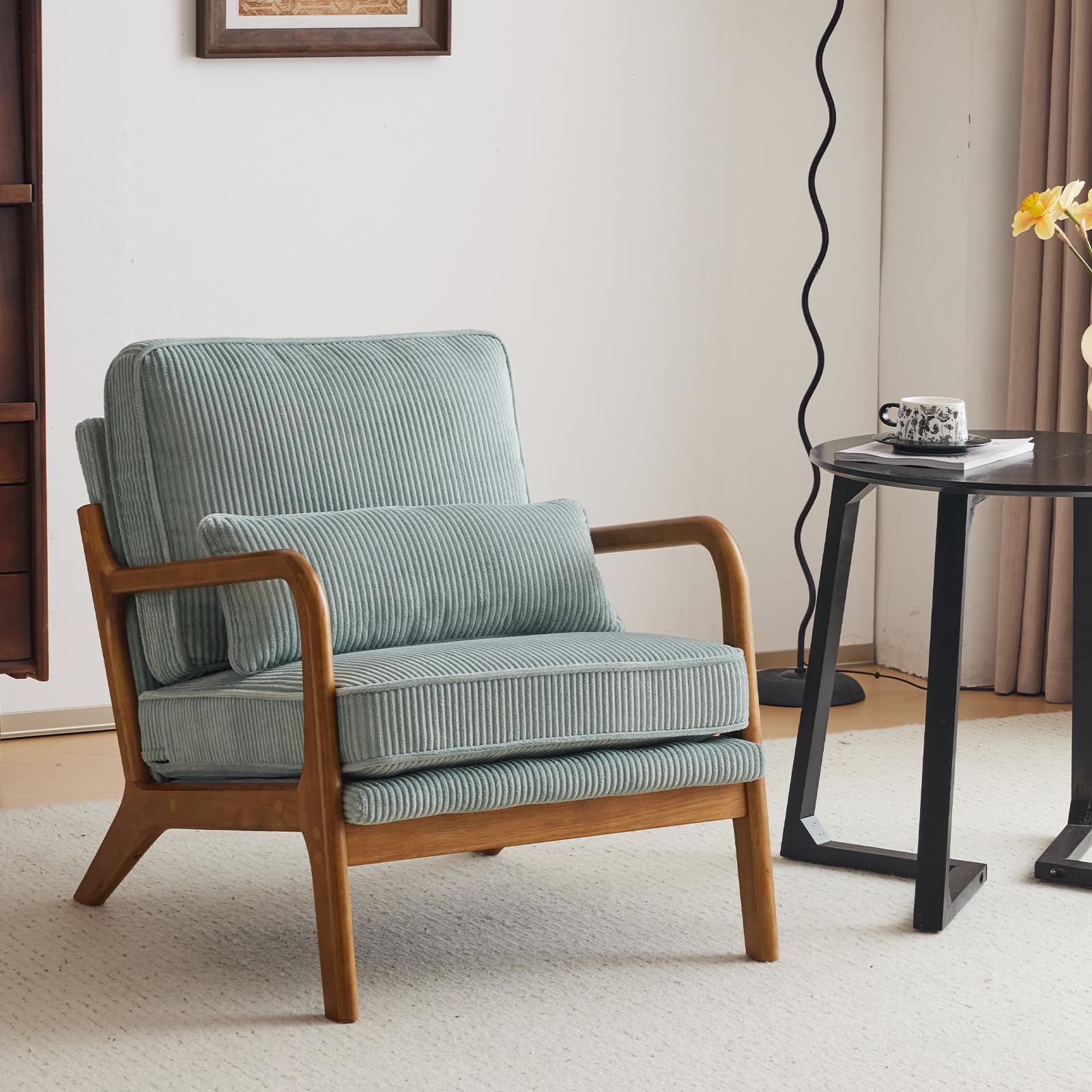 Karl home Accent Chair Mid-Century Modern Chair with Pillow Linen Fabric Upholstered Lounge Arm Chair with Solid Wood Frame & Soft Cushion for Living Room, Bedroom, Balcony, Beige