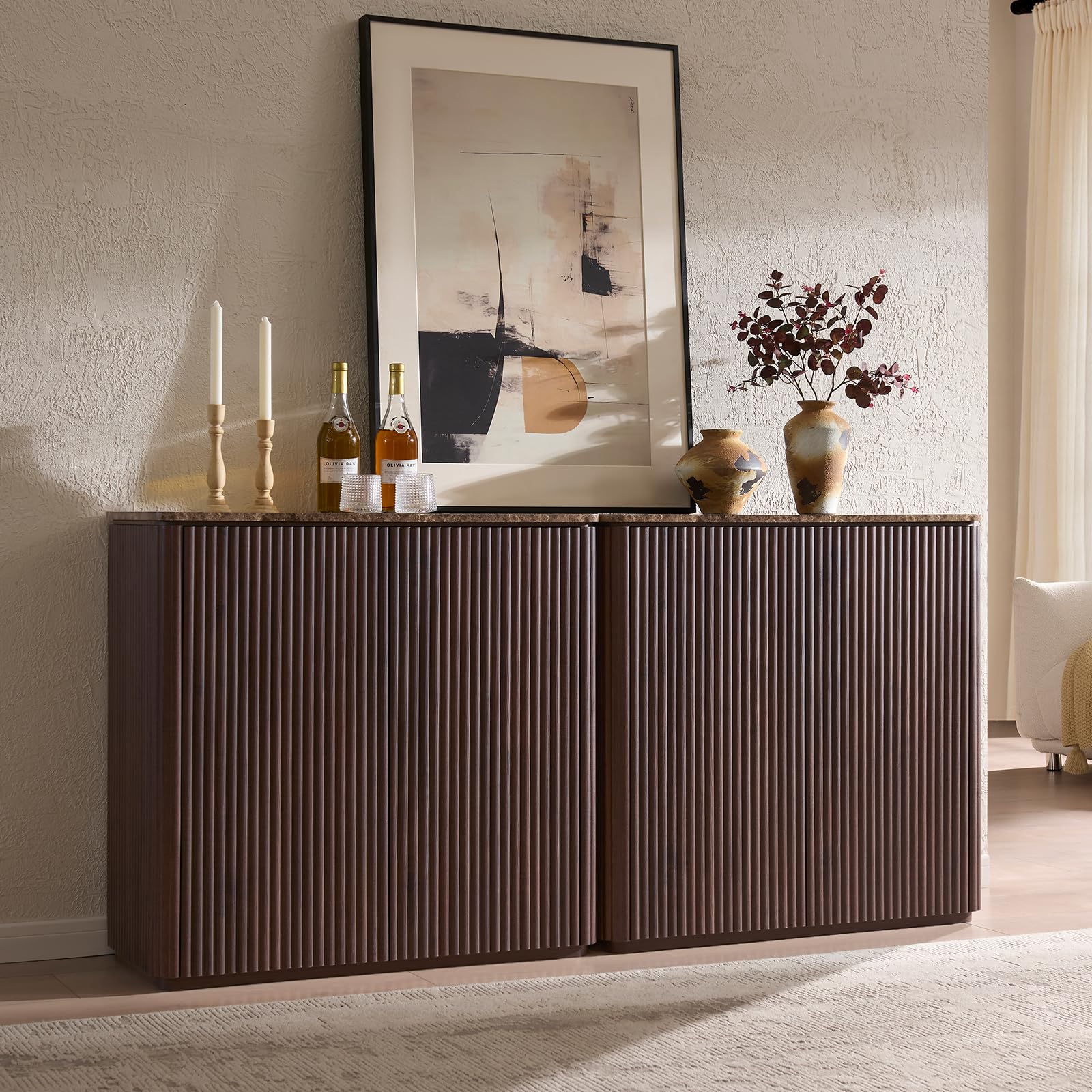 Fluted 2 Doors Sideboard Cabinet with Storage, 34" Wooden Credenza with Shelves, Faux Marble-Top Coffee Bar Console Table, Modern Buffet Cabinet for Dining, Kitchen, Living Room, Entryway, Dark Oak