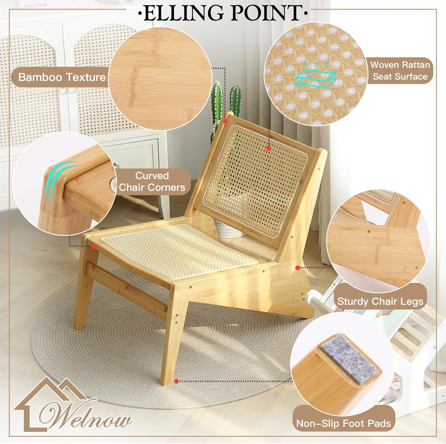 Welnow Mid Century Rattan Accent Chair, Bamboo Wood Lounge Chair with Woven Cane Backrest, Low Armchair for Living Room, Bedroom, Balcony or Reading Corner, Natural