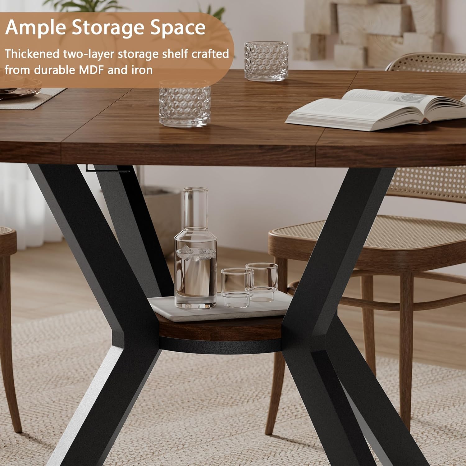 42"-58" Extendable Round Dining Table with Hidden Leaves & Storage Shelf, Metal Legs for Small Spaces