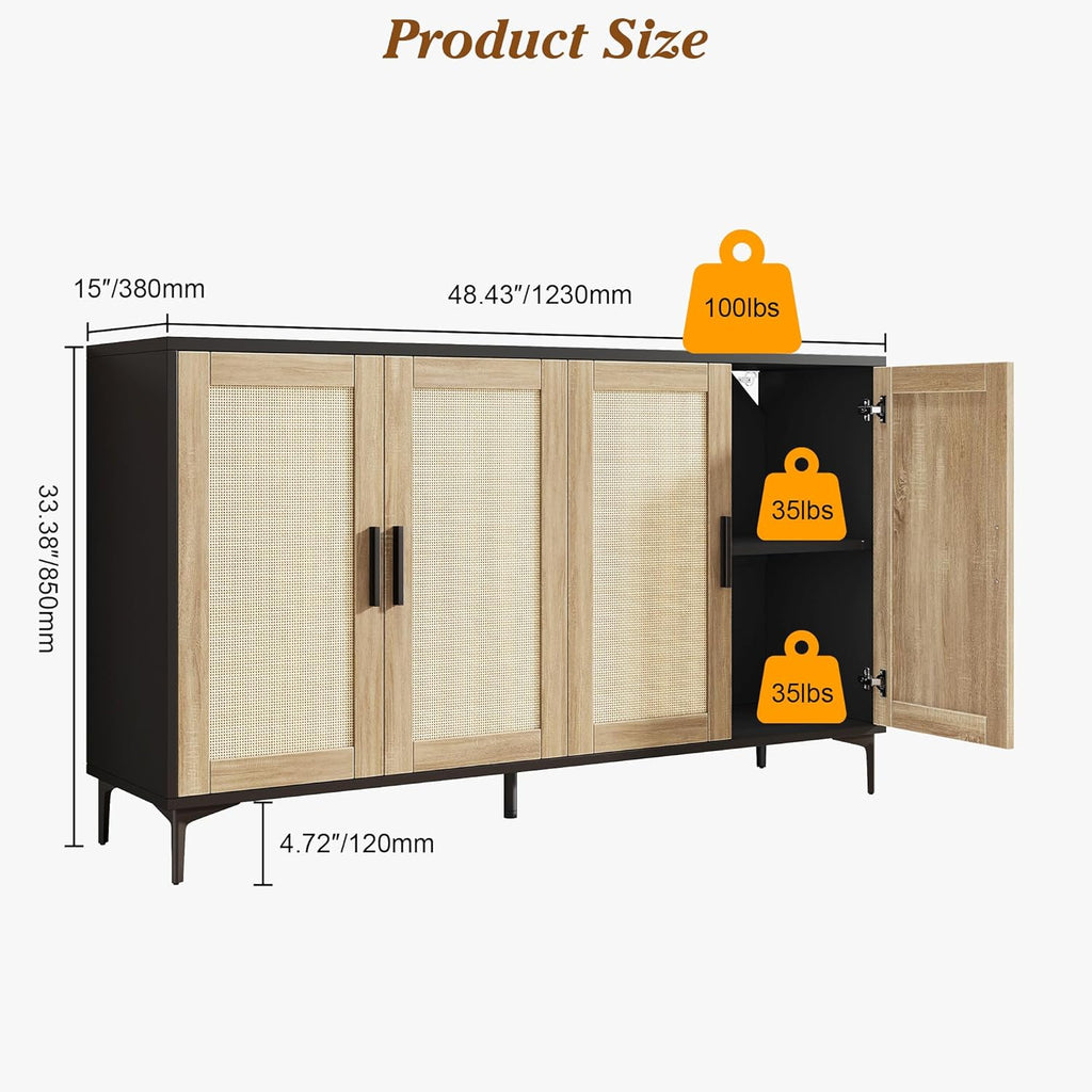 48" Rattan Sideboard Buffet Cabinet with Doors & Adjustable Shelves, Black Storage Console Table for Kitchen Living Room Entryway