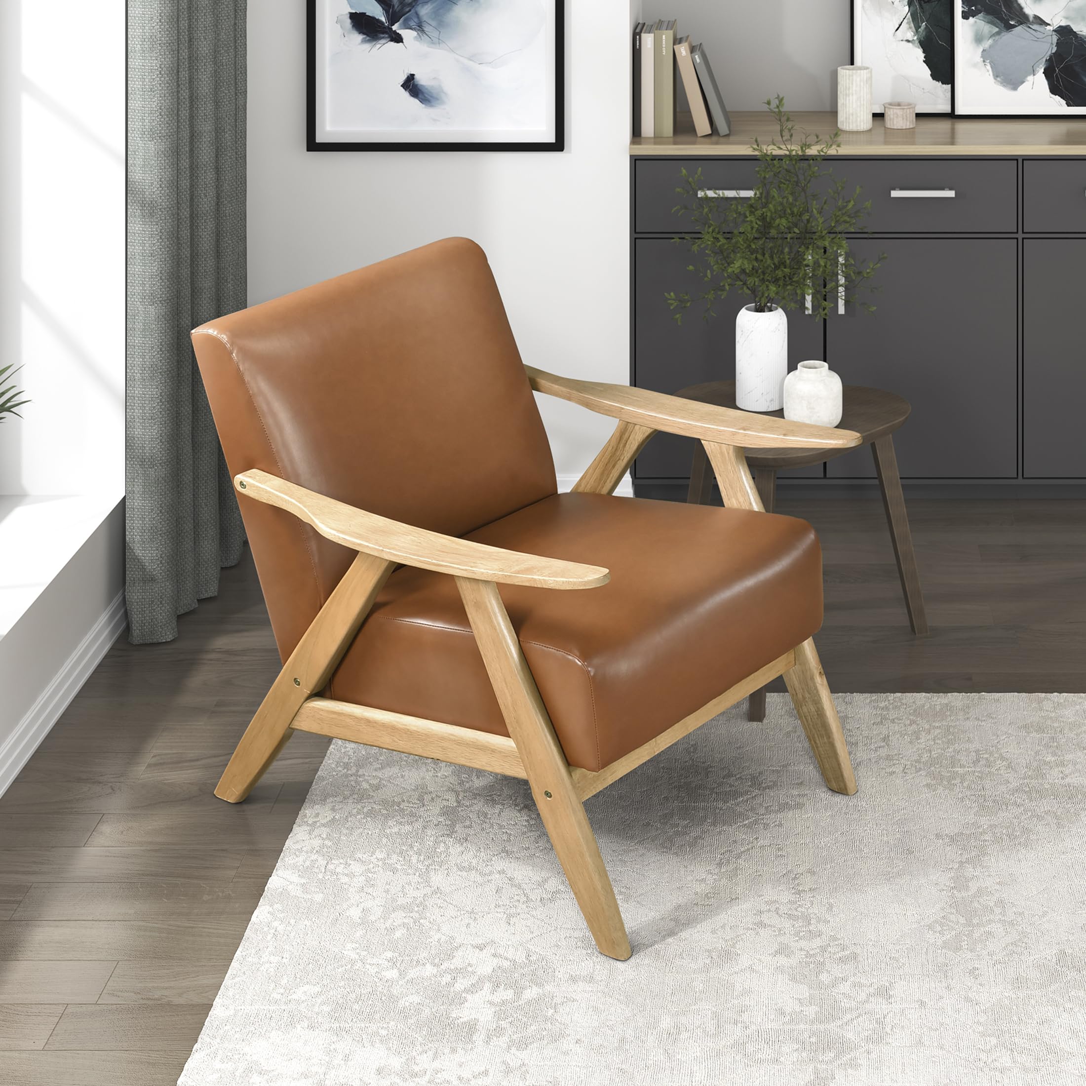 Lexicon Mid Century Modern Accent Chair with Solid Wood Frame in Walnut Finish, Upholstered Living Room Lounge Arm Chair, Thick and Comfy Innerspring Seat Cushion, Linen-Look Fabric, Light Brown