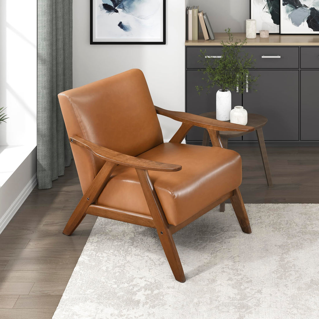 Lexicon Mid Century Modern Accent Chair with Solid Wood Frame in Walnut Finish, Upholstered Living Room Lounge Arm Chair, Thick and Comfy Innerspring Seat Cushion, Linen-Look Fabric, Light Brown