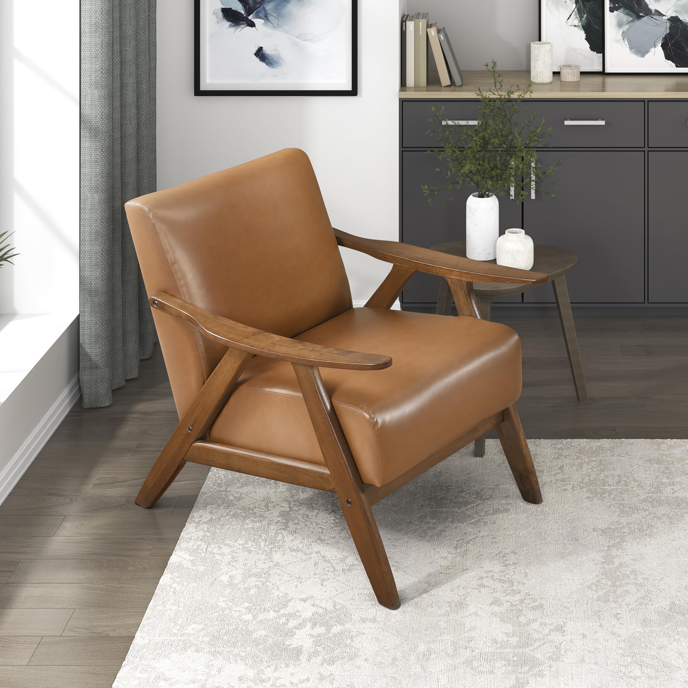 Lexicon Mid Century Modern Accent Chair with Solid Wood Frame in Walnut Finish, Upholstered Living Room Lounge Arm Chair, Thick and Comfy Innerspring Seat Cushion, Linen-Look Fabric, Light Brown