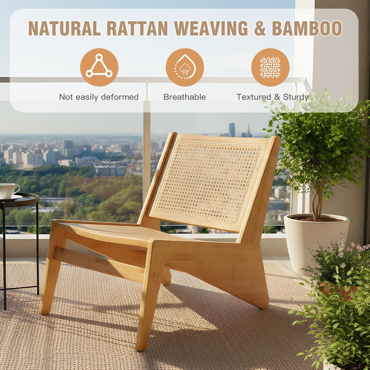 Welnow Mid Century Rattan Accent Chair, Bamboo Wood Lounge Chair with Woven Cane Backrest, Low Armchair for Living Room, Bedroom, Balcony or Reading Corner, Natural